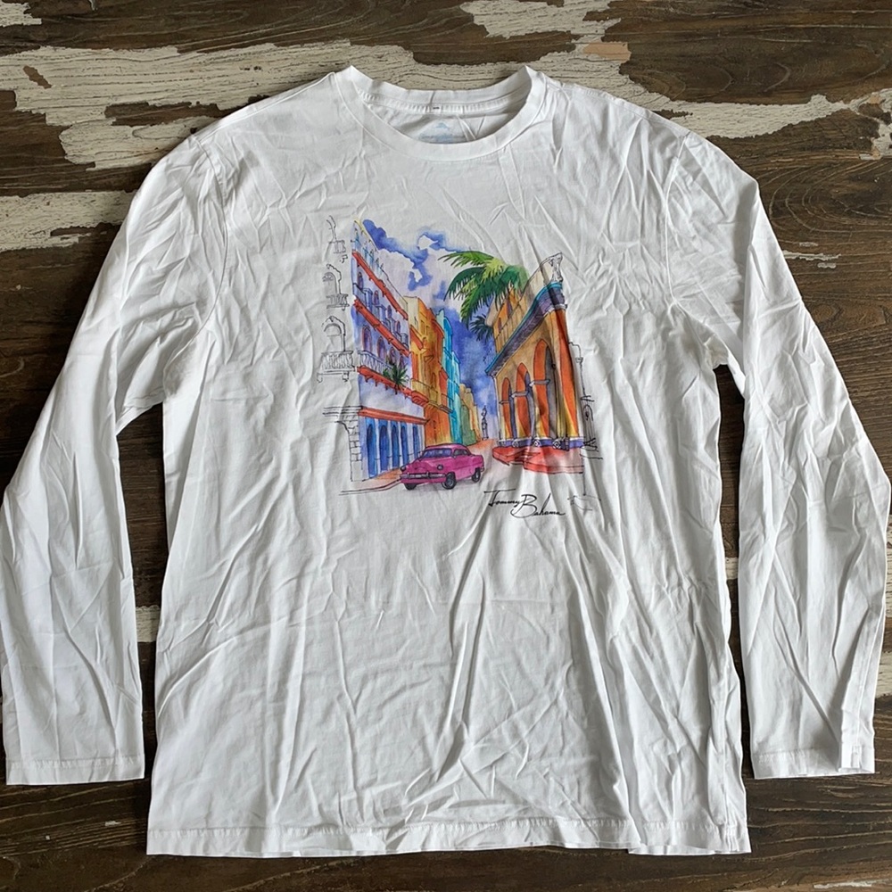 Tommy Bahama Men’s Large White Long Sleeve Graphic T-Shirt With Cuba Print